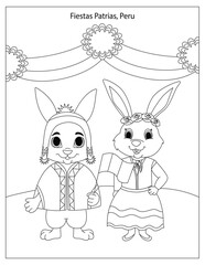 Fiestas Patrias Holiday Celebrations in Peru with cute rabbits coloring page for kids