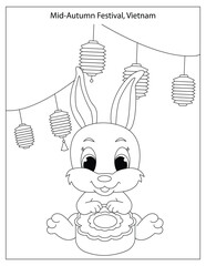 Mid-Autumn Festival Celebration in Vietnam with cute rabbit and mooncake coloring page for kids