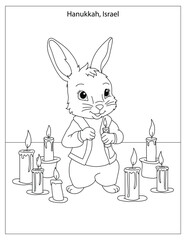 Hanukkah Holiday Celebration with cute rabbit coloring page for kids