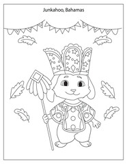 Junkahoo Holiday Celebration on Bahamas with cute rabbit dancing in traditional clothes coloring page for kids