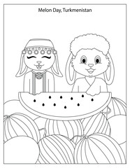 Melon Day Celebration in Turkmenistan with cute rabbits with watermelons and melons coloring page for kids