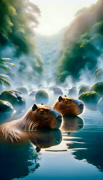 Capybaras swim in the river