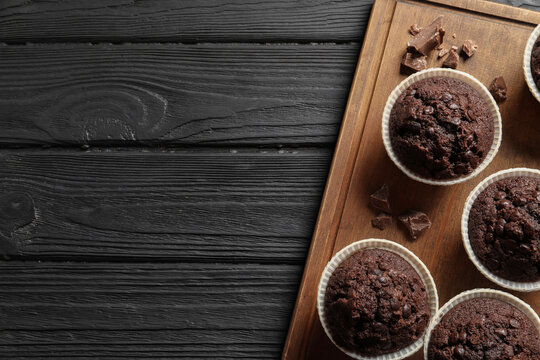 Delicious chocolate muffins on black wooden table, top view. Space for text