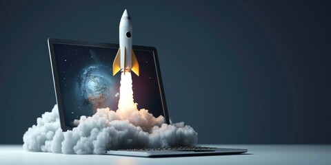 Rocket coming out of a laptop screen against blue background 3D rendering