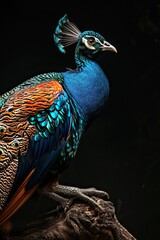 Obraz premium Peacock on small root isolated on black AI Generative