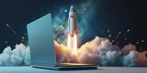 Rocket coming out of a laptop screen against blue background 3D rendering