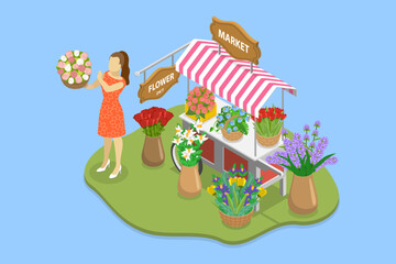 3D Isometric Flat Vector Illustration of Flower Market, Small Business of Florist