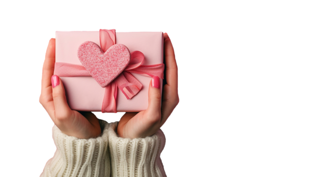 Close up on female hands holding a gift in a pink heart presents for valentine day, birthday, mother's day. Flat lay Valentines day background with a gift boxes on concrete, transparency background - Powered by Adobe