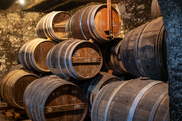 Aging process of cognac spirit in old French oak barrels in cellar in distillery in Cognac white...