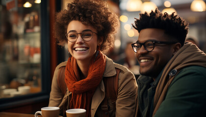Smiling adults enjoying coffee in a cozy coffee shop generated by AI