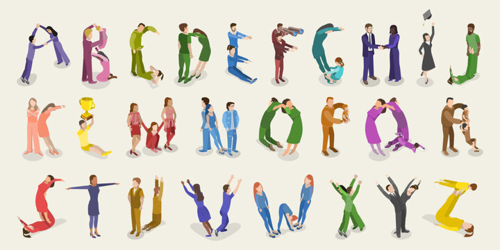 3D Isometric Flat Vector Set of English Alphabet with People, ABC Letters