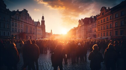 Fototapeta na wymiar Large crowd of people walking in city square at sunset