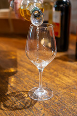 Tasting of sweet dessert Sauternes wines in old wine domain on Sauternes vineyards in Barsac village affected by Botrytis cinerea noble rot,  Bordeaux, France