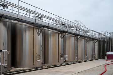 Works at distillery. Harvest time in Cognac white wine region, Charente, steel tanks for...