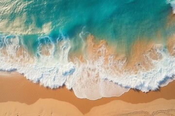 Fototapeta na wymiar Top view of a sandy beach with ocean waves, perfect for a summer vacation and underwater ecosystem. Generative AI