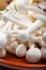 Fototapeta na wymiar White shimeji edible mushrooms native to East Asia, buna-shimeji is widely cultivated and rich in umami tasting compounds. Mushrooms mix for cooking.