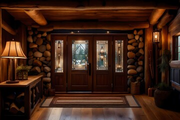 A lodge-inspired grand entryway with a log cabin door, river rock accents, and an antique lantern casting a warm glow