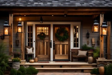 A welcoming rustic entryway with a reclaimed wood door, stone accents, and a cozy porch adorned with vintage lanterns