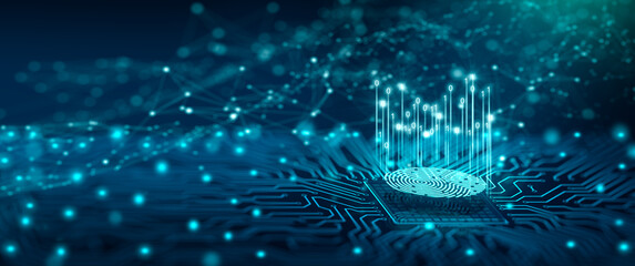 Future security technology. Fingerprint scan provides security access in DOF. Fingerprint Security Concept. 3D Render.