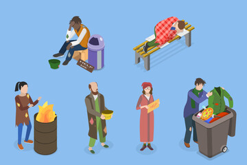 3D Isometric Flat Vector Set of Homeless People, Poverty, Unemployed and Refugees - obrazy, fototapety, plakaty