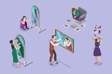 3D Isometric Flat Vector Illustration of Inner Conflict, Self-harm and Self-punishment