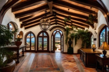 Fototapeta na wymiar An elegant Mediterranean foyer with a vaulted ceiling, wooden beams, and a hand-painted ceramic tile mural