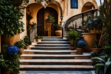 Fototapeta na wymiar The welcoming entry of a coastal Mediterranean home adorned with a tiled staircase, wrought iron railings, and a cascading fountain