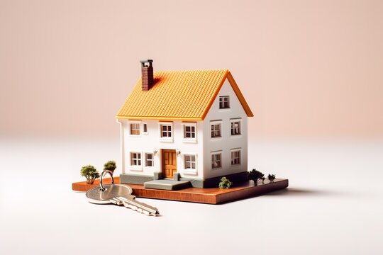 A miniature house with a key beside it in the photo in front of a light brown background