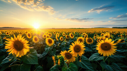 Stunning panorama of sunflower fields bathed in the warm glow of the setting sun