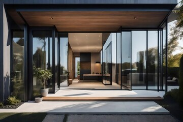 Fototapeta premium The entrance to a modern residence featuring a sleek glass door, neutral tones, and a minimalist bench for functional elegance