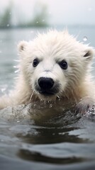 Close-up of a cute little polar bear in cold water. An adorable little polar bear playing in the icy water. Small bear with a scared face.