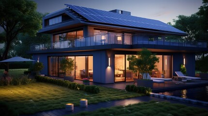 Fototapeta premium An illustration of the concept of renewable energy. Solar panels on top of the house with a modern minimalist concept. generative AI