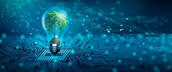 Tree with soil growing on  Light bulb. Digital Convergence and and Technology Convergence. Blue light and network background. Green Computing, Green Technology, Green IT, csr, and IT ethics Concept. - obrazy, fototapety, plakaty