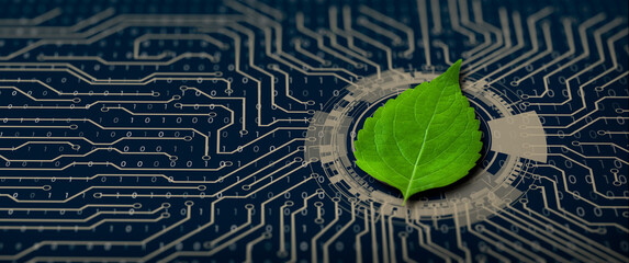 Green leaf on the converging point of computer circuit board. Nature with Digital Convergence and...