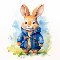 Bonita ilustración en acuarela de un conejito con ropa azul