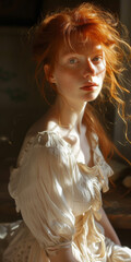 a young female model with red hair sitting in front of a desk, in the style of light white and light amber, generative AI