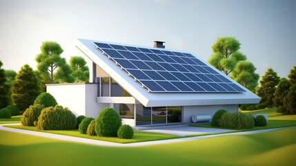 An illustration of the concept of renewable energy. Solar panels on top of the house with a modern minimalist concept. generative AI