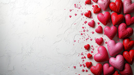 Valentine's day background with red and pink hearts on white background, flat lay, with copy space. Valentines day background with red and pink hearts. red hearts on white