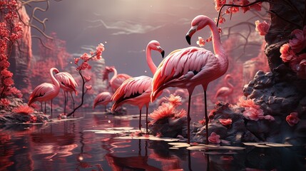 Flamingos in a marsh