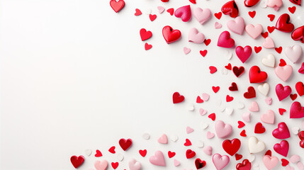 Valentine's day background with red and pink hearts on white background, flat lay, with copy space. Valentines day background with red and pink hearts. red hearts on white