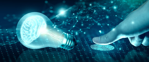 Protect intellectual property with Biometric security. Converging point of light bulb with glowing...