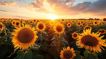 Fototapeta premium Stunning panorama of sunflower fields bathed in the warm glow of the setting sun
