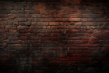 Old dark red brick wall background, wide panorama of masonry. large red brick wall texture in dark background. grunge brick wall background