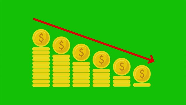 Dollar prices fall in financial statistics graph in stock market and inflation rate animation, US Dollar price chart going down. 4k green screen animation
