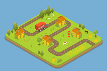 3D Isometric Flat Vector Illustration of Delivery Service In Rural Area, Summer Landscape
