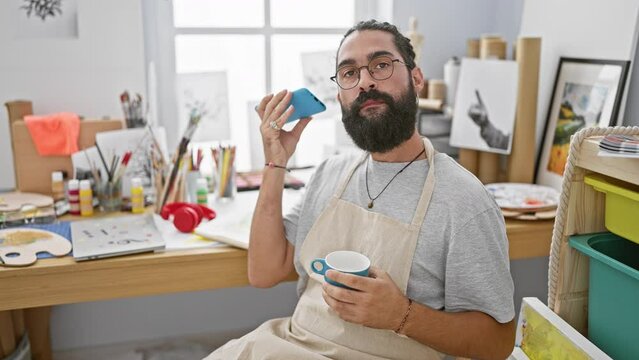 Bearded man in apron drinking coffee and enjoying a break in an art studio with paintings and supplies