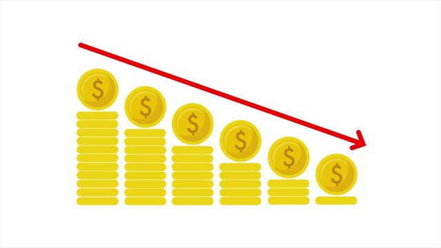 Falling dollar Price in financial statistics graph in stock market and inflation rate on white background, US Dollar price chart going down, Graph with Arrow going down 2D Animation