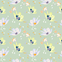 Windy flowers and petals in spring. Blooming midsummer meadow seamless pattern. Plant background for fashion, wallpapers, print. Liberty style millefleurs. Trendy floral design