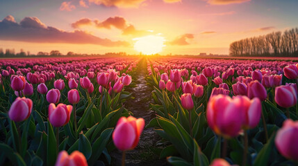 Enchanting view of a tulip field under the soft light of the setting sun