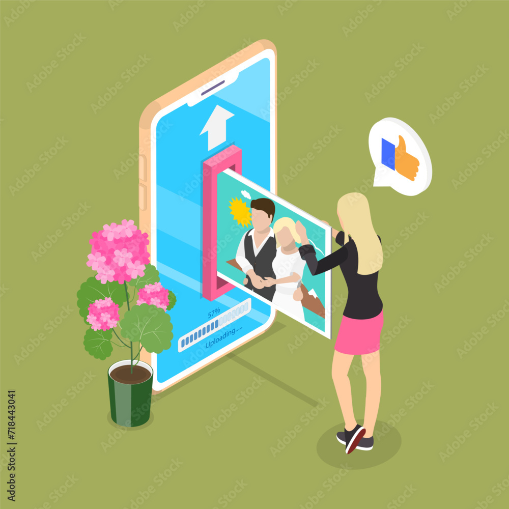 Poster 3d isometric flat vector illustration of uploading a photo on a smartphone., cloud file transfering 